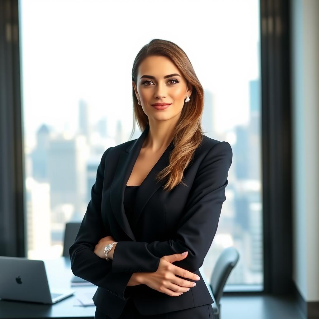 A sophisticated woman in a formal black attire suit, standing confidently with a slight smile