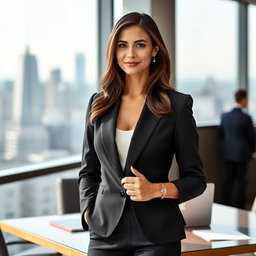 A sophisticated woman in a formal black attire suit, standing confidently with a slight smile
