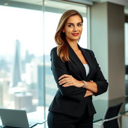 A sophisticated woman in a formal black attire suit, standing confidently with a slight smile