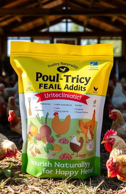 A vibrant, colorful packaging design for a poultry feed additive product
