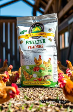 A vibrant, colorful packaging design for a poultry feed additive product