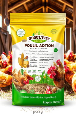 A vibrant, colorful packaging design for a poultry feed additive product