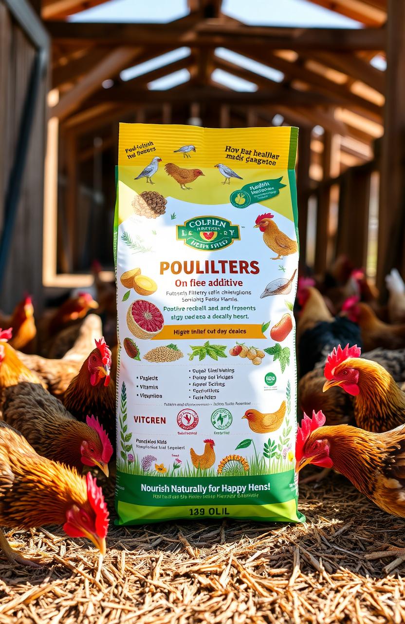 A vibrant, colorful packaging design for a poultry feed additive product