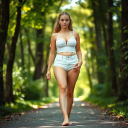 A beautiful and stunning innocent girl, aged 18, with medium breasts, very wide fat bulging hips, and thick round fat thighs where the inner thighs touch