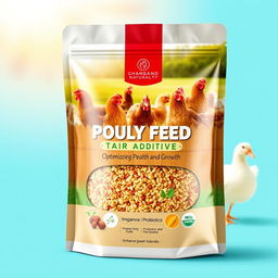 A professional and appealing package design for a poultry feed additive, featuring an eye-catching label that highlights the benefits of optimizing poultry health and growth