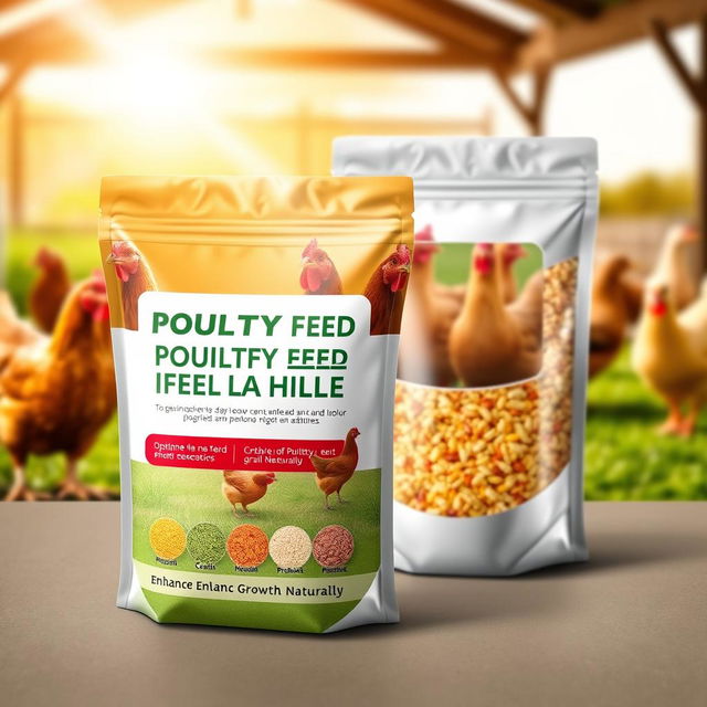 A professional and appealing package design for a poultry feed additive, featuring an eye-catching label that highlights the benefits of optimizing poultry health and growth