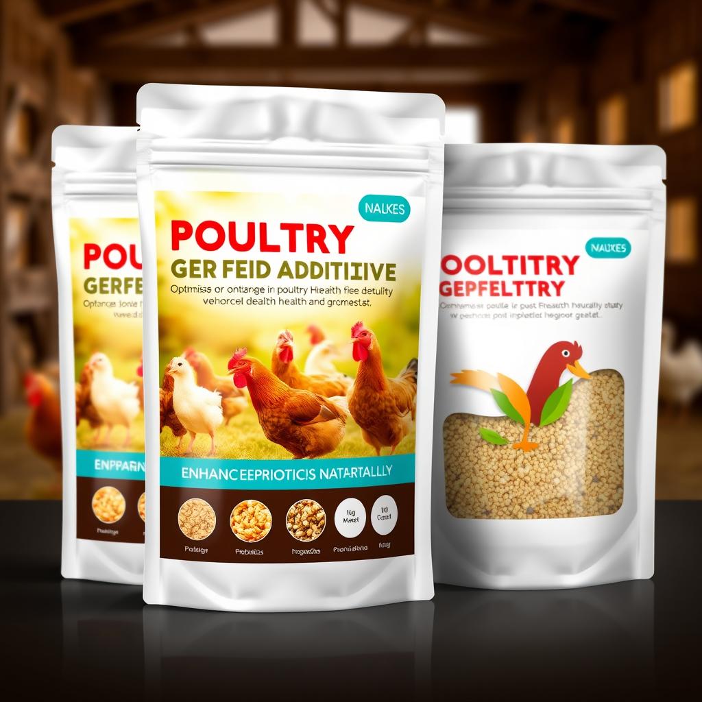 A professional and appealing package design for a poultry feed additive, featuring an eye-catching label that highlights the benefits of optimizing poultry health and growth