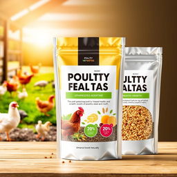 A professional and appealing package design for a poultry feed additive, featuring an eye-catching label that highlights the benefits of optimizing poultry health and growth