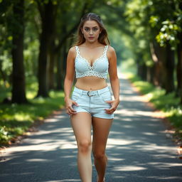 A beautiful and stunning innocent girl, aged 18, with medium breasts and very fat wide thick bulging hips
