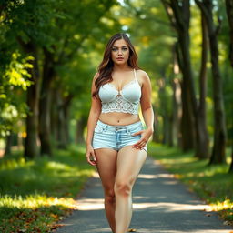 A beautiful, stunning, and sexy curvy 18-year-old girl with medium breasts and very fat wide thick bulging hips