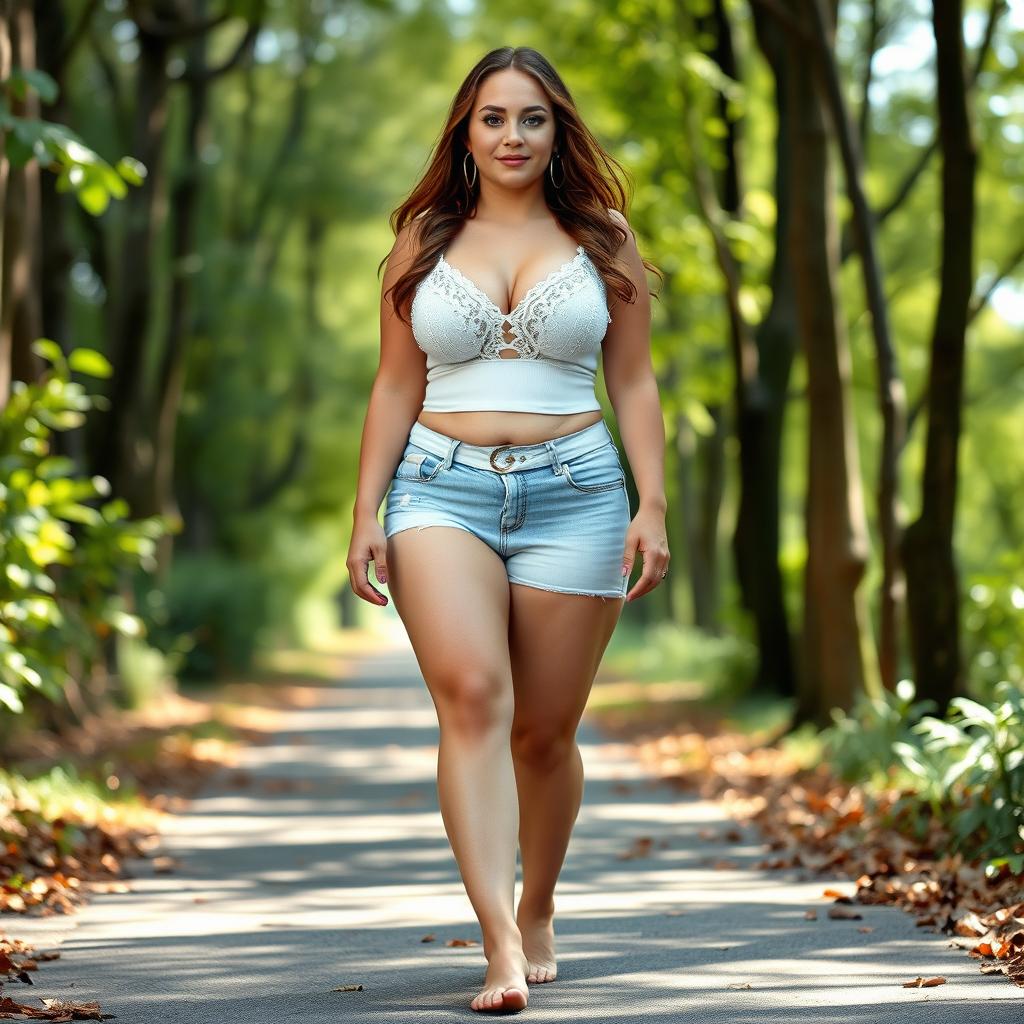 A beautiful, stunning, and sexy curvy 18-year-old girl with medium breasts and very fat wide thick bulging hips