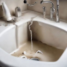 A detailed image of a leaking pipe under a kitchen sink amidst a mess of plumbing. Water droplets are captured mid-fall, creating a sense of urgency.