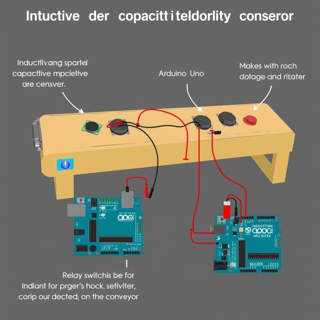 A detailed illustration of a conveyor system featuring inductive and capacitive proximity sensors