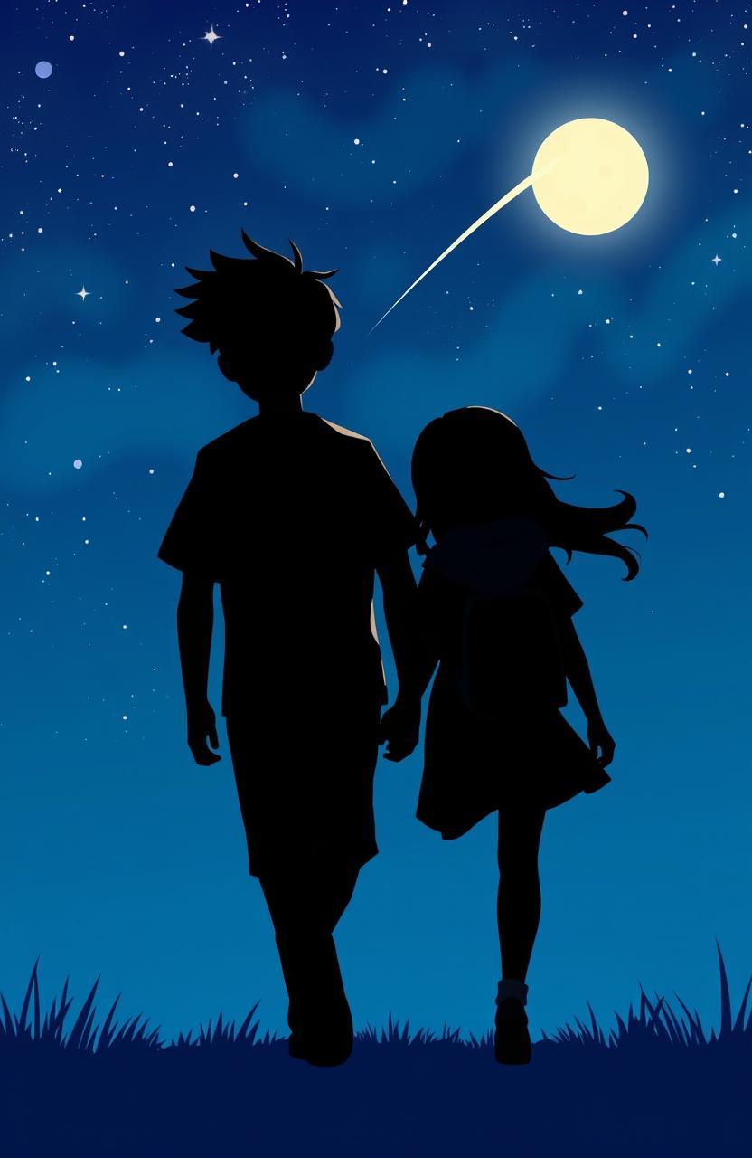 A dynamic scene depicting a teenage boy and girl walking away from each other, set against a serene blue sky filled with stars and a glowing moon