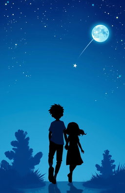 A dynamic scene depicting a teenage boy and girl walking away from each other, set against a serene blue sky filled with stars and a glowing moon
