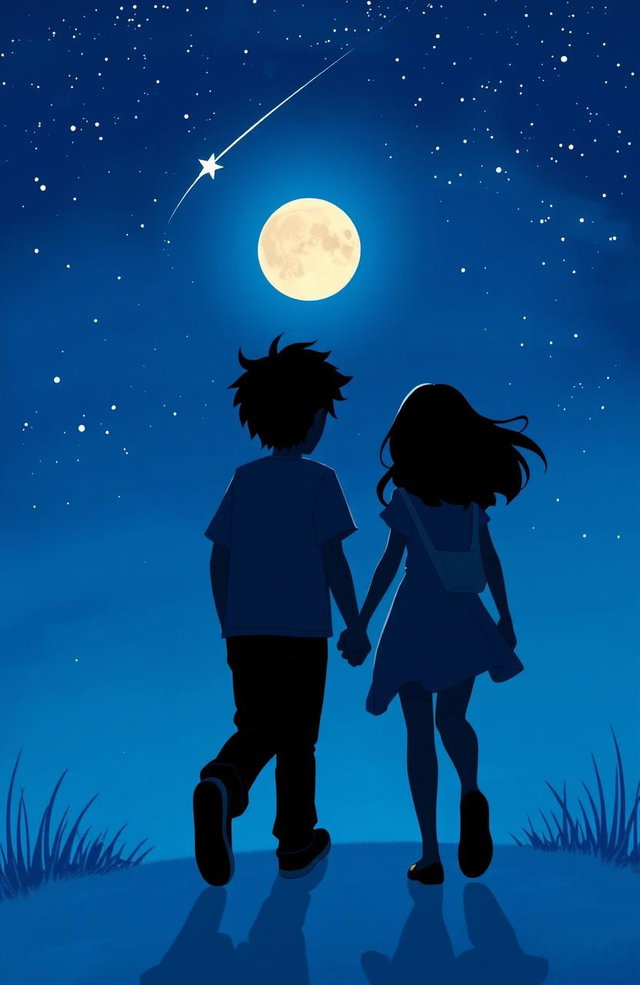 A dynamic scene depicting a teenage boy and girl walking away from each other, set against a serene blue sky filled with stars and a glowing moon