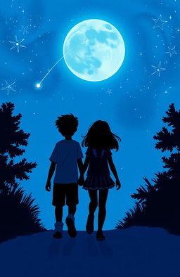 A dynamic scene depicting a teenage boy and girl walking away from each other, set against a serene blue sky filled with stars and a glowing moon