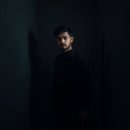 A 22-year-old man in a black panjabi, standing alone in a corner of a dimly lit room