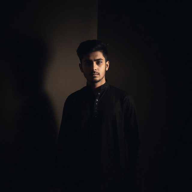 A 22-year-old man in a black panjabi, standing alone in a corner of a dimly lit room