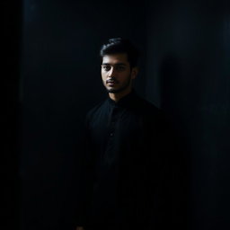 A 22-year-old man in a black panjabi, standing alone in a corner of a dimly lit room