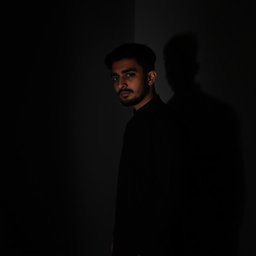 A 22-year-old man in a black panjabi, standing alone in a corner of a dimly lit room