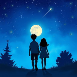 A captivating scene featuring a teenage boy and girl walking away from each other, set against a vibrant blue sky adorned with twinkling stars and a luminous moon