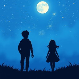 A captivating scene featuring a teenage boy and girl walking away from each other, set against a vibrant blue sky adorned with twinkling stars and a luminous moon