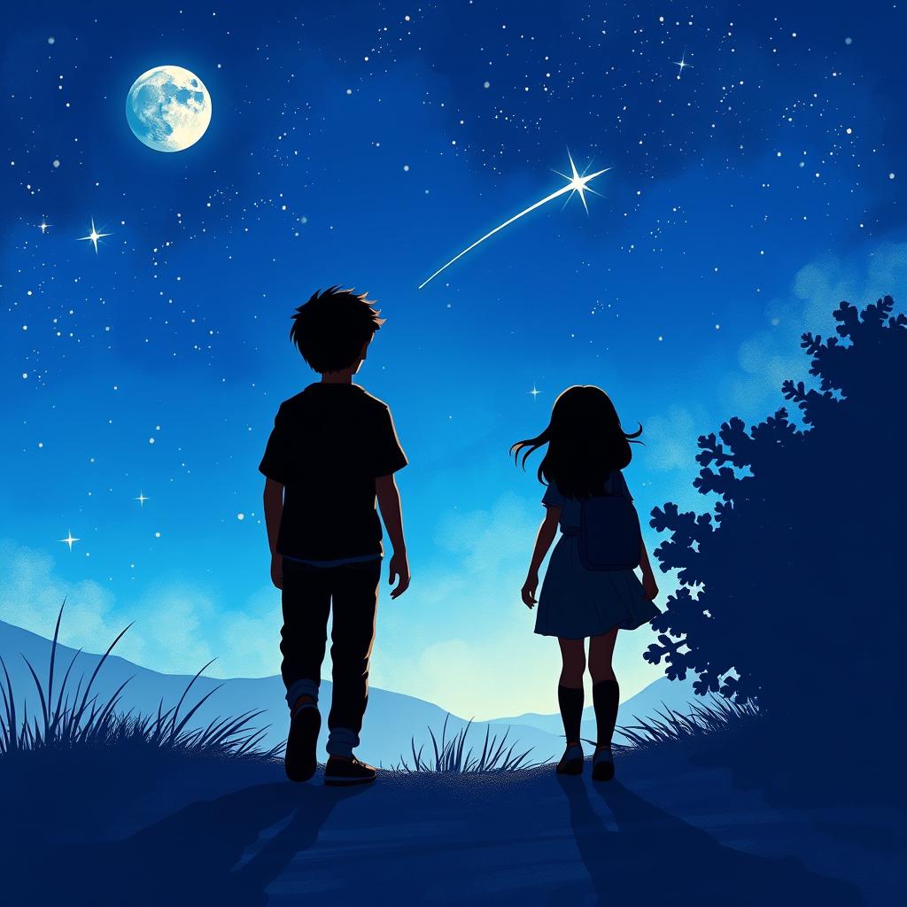 A captivating scene featuring a teenage boy and girl walking away from each other, set against a vibrant blue sky adorned with twinkling stars and a luminous moon