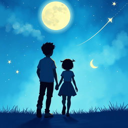 A captivating scene featuring a teenage boy and girl walking away from each other, set against a vibrant blue sky adorned with twinkling stars and a luminous moon