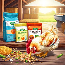 A detailed and informative illustration of a variety of poultry feed additives, showcasing products like vitamins, minerals, and probiotics