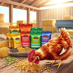 A detailed and informative illustration of a variety of poultry feed additives, showcasing products like vitamins, minerals, and probiotics