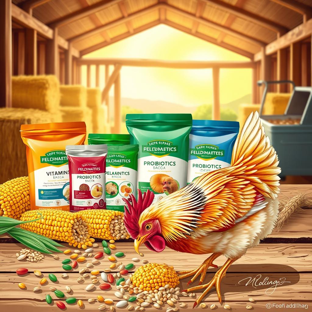 A detailed and informative illustration of a variety of poultry feed additives, showcasing products like vitamins, minerals, and probiotics