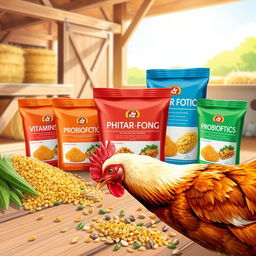 A detailed and informative illustration of a variety of poultry feed additives, showcasing products like vitamins, minerals, and probiotics