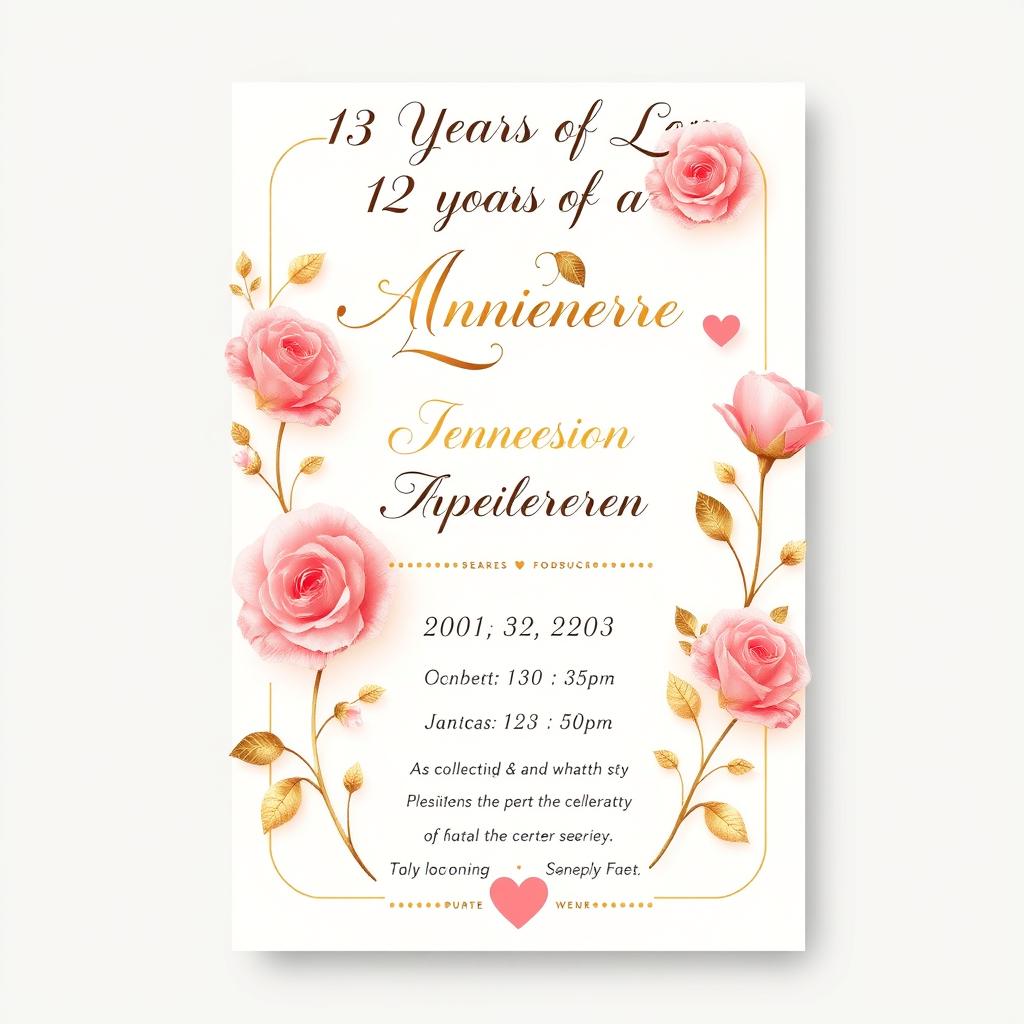 Design a beautiful and elegant invitation for a 13th anniversary celebration, featuring a love theme
