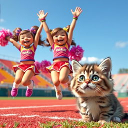A cute scene featuring three cheerful cheerleaders in colorful outfits, jumping enthusiastically