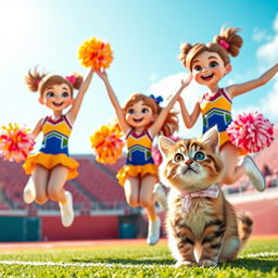 A cute scene featuring three cheerful cheerleaders in colorful outfits, jumping enthusiastically