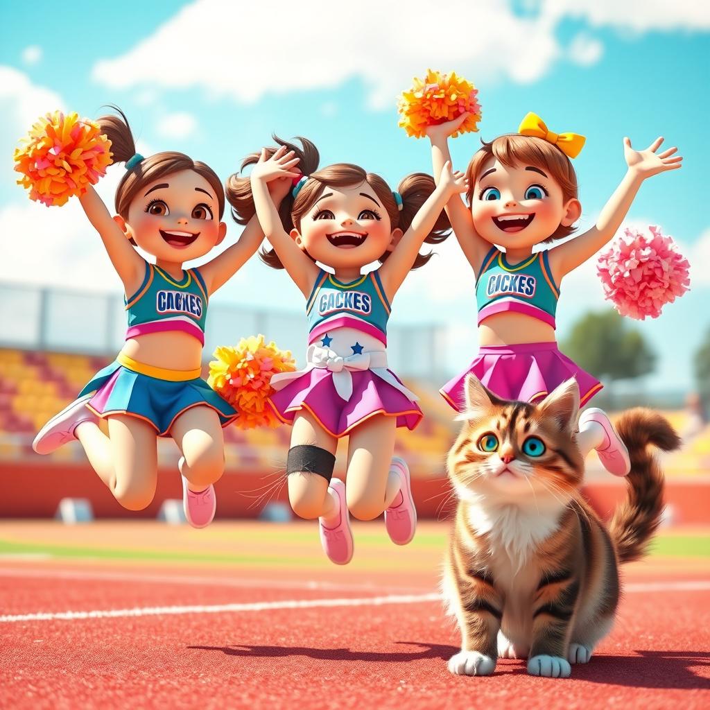 A cute scene featuring three cheerful cheerleaders in colorful outfits, jumping enthusiastically