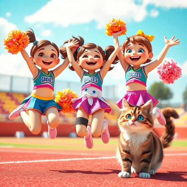 A cute scene featuring three cheerful cheerleaders in colorful outfits, jumping enthusiastically