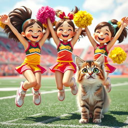 A cute scene featuring three cheerful cheerleaders in colorful outfits, jumping enthusiastically