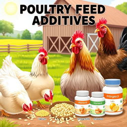 A detailed and informative illustration of poultry feed additives, showcasing various types of supplements used in chicken feed, including vitamins, minerals, and probiotics