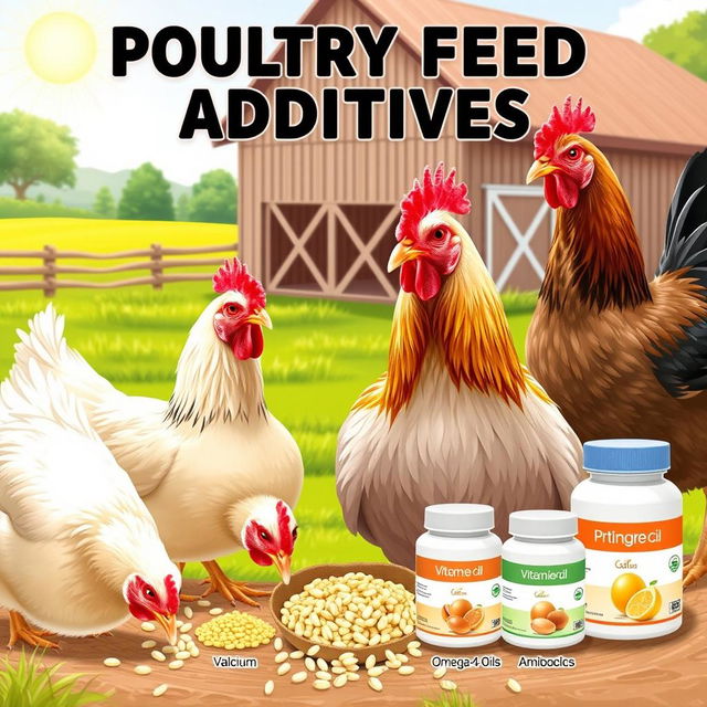 A detailed and informative illustration of poultry feed additives, showcasing various types of supplements used in chicken feed, including vitamins, minerals, and probiotics