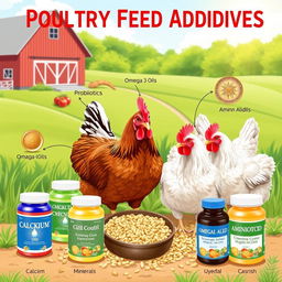 A detailed and informative illustration of poultry feed additives, showcasing various types of supplements used in chicken feed, including vitamins, minerals, and probiotics
