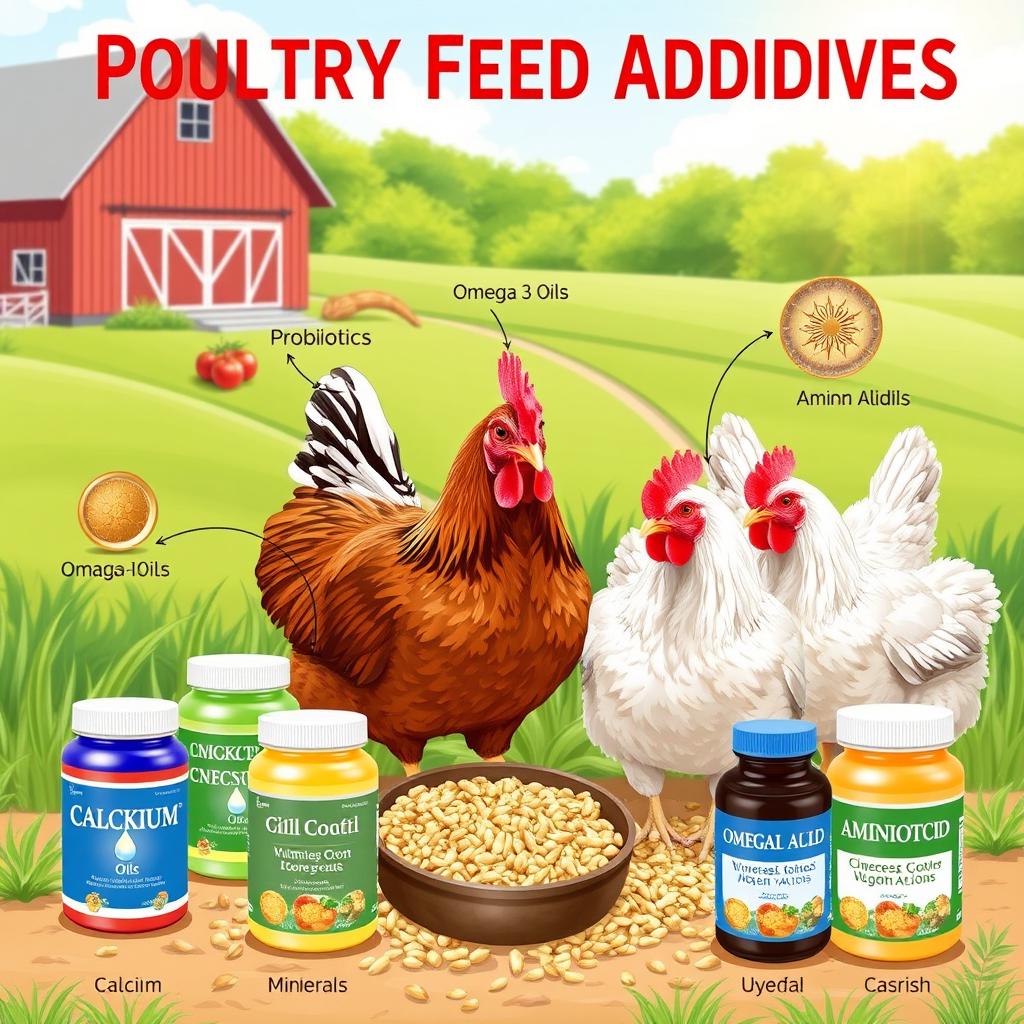 A detailed and informative illustration of poultry feed additives, showcasing various types of supplements used in chicken feed, including vitamins, minerals, and probiotics