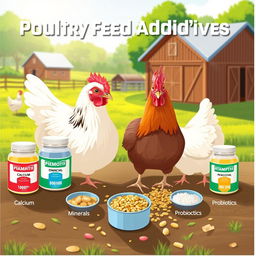 A detailed and informative illustration of poultry feed additives, showcasing various types of supplements used in chicken feed, including vitamins, minerals, and probiotics