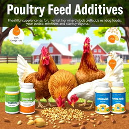 A detailed and informative illustration of poultry feed additives, showcasing various types of supplements used in chicken feed, including vitamins, minerals, and probiotics