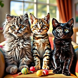 Three cute cats sitting together as if leading a meeting, each displaying wide-eyed expressions filled with curiosity and playfulness
