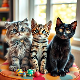 Three cute cats sitting together as if leading a meeting, each displaying wide-eyed expressions filled with curiosity and playfulness