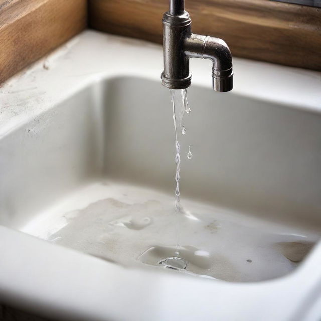 A detailed image of a leaking pipe under a kitchen sink amidst a mess of plumbing. Water droplets are captured mid-fall, creating a sense of urgency.