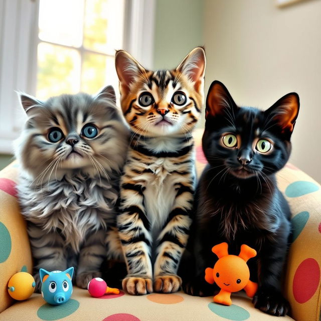Three cute cats sitting together as if leading a meeting, each displaying wide-eyed expressions filled with curiosity and playfulness