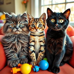 Three cute cats sitting together as if leading a meeting, each displaying wide-eyed expressions filled with curiosity and playfulness